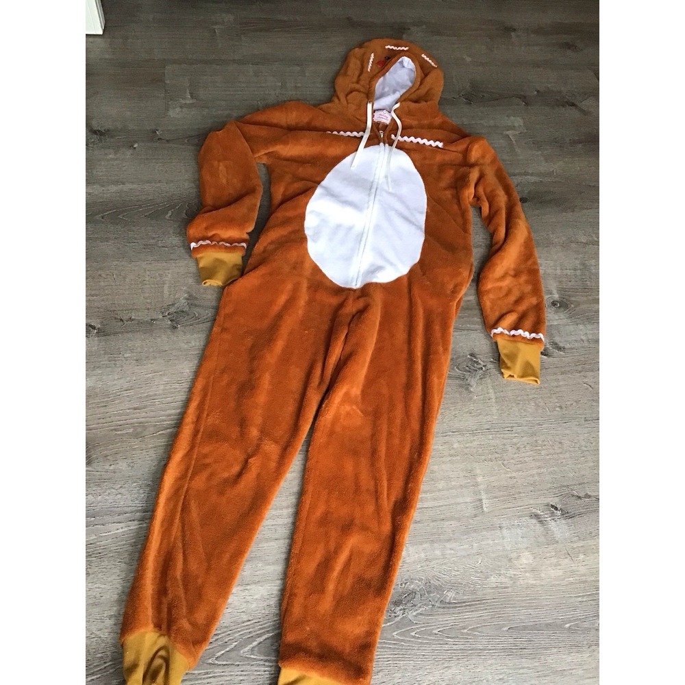 Gingerbread Womens Large L Fleece Jumpsuit Chritmas Cookie Costume Zip Up